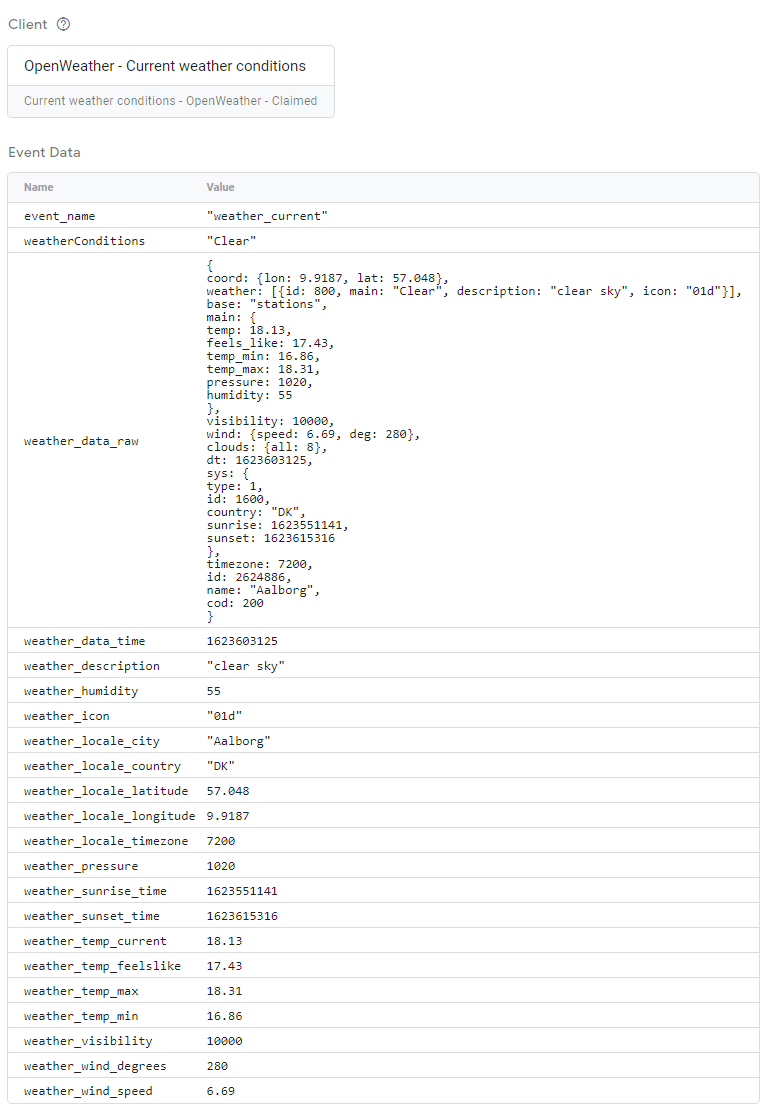 Screenshot of GTM server-side Event Data including weather data